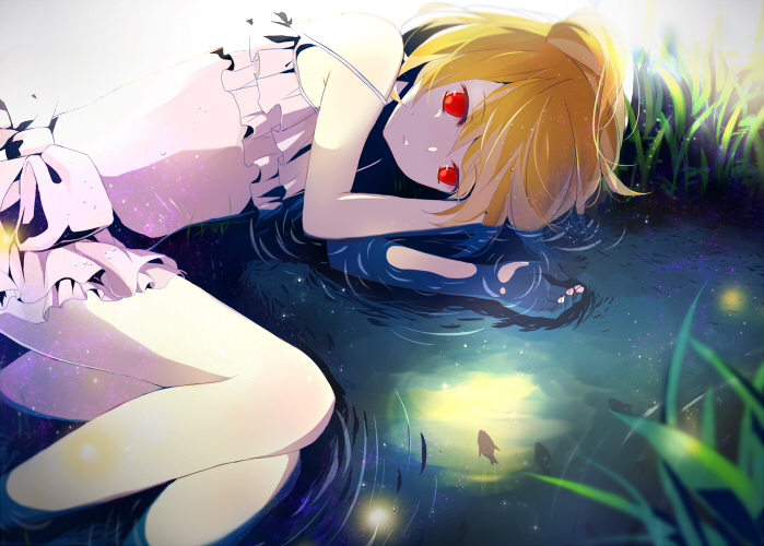 1girl, blonde_hair, dress, fish, frilled_dress, frills, funota, in_water
