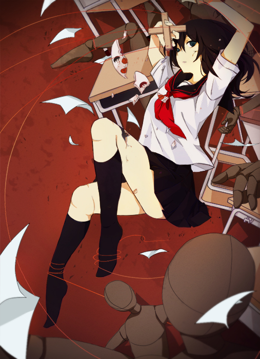 1girl, black_eyes, black_hair, black_legwear, chair, character_request, doll, funota