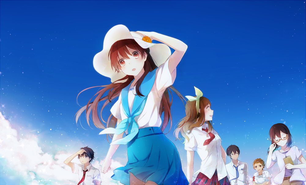 3boys, 3girls, :d, black_eyes, black_hair, brown_eyes, brown_hair, casual