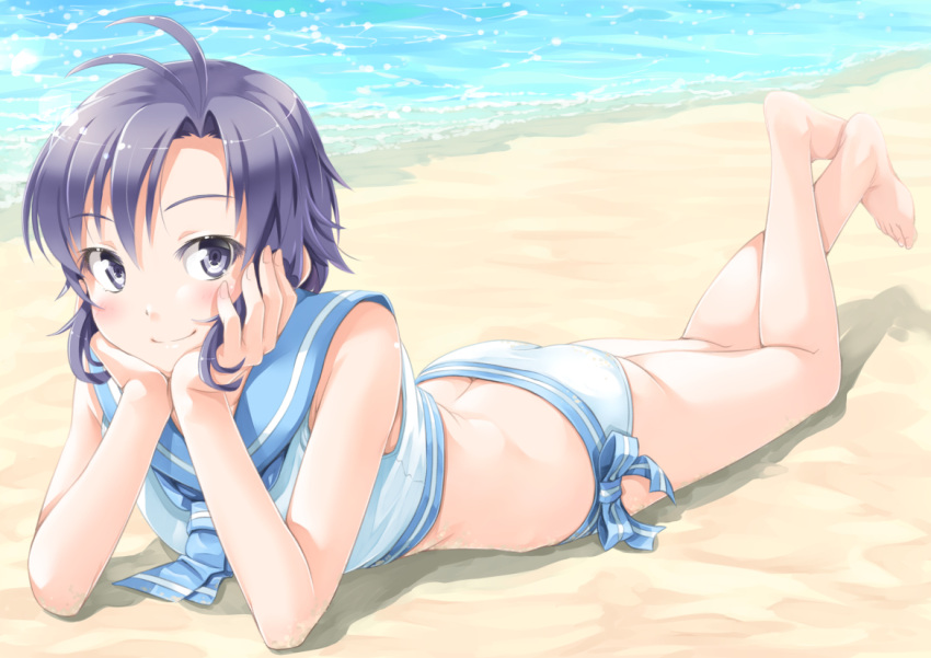 1girl, ahoge, arm_support, beach, black_eyes, black_hair, headrest, idolmaster, idolmaster_2, kikuchi_makoto, looking_at_viewer, lying, miri_(ago550421), on_stomach, sailor_swimsuit_(idolmaster), short_hair, smile, solo, swimsuit, tagme