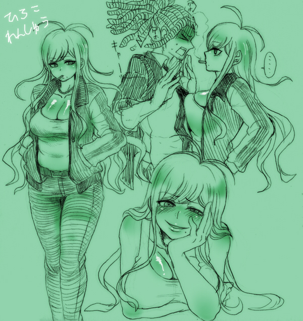 1boy, 1girl, antenna_hair, bangs, blush, breasts, cigarette, dangan_ronpa