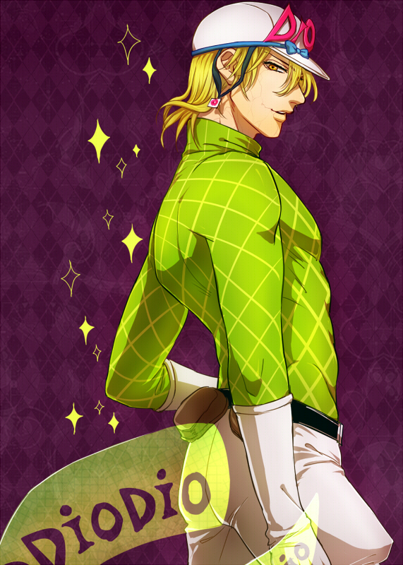 1boy, blonde_hair, diego_brando, gloves, hat, jojo_no_kimyou_na_bouken, scary_monster_(stand), smskt_25