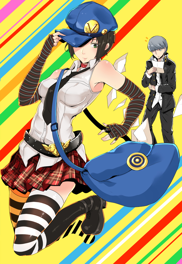 1girl, aqua_eyes, bag, bare_shoulders, belt, boots, cabbie_hat, choker
