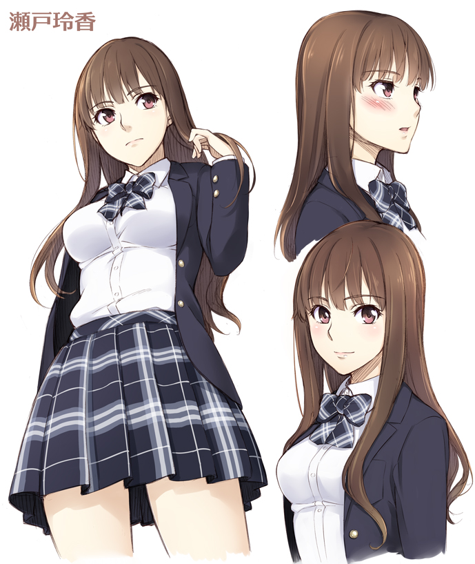 1girl, blazer, blush, bow, breasts, brown_hair, bust, character_name, character_sheet, cowboy_shot, dress_shirt, futari_no_kanojo, hair_flip, korisei, light_frown, light_smile, long_hair, open_blazer, open_clothes, open_mouth, plaid, plaid_bow, plaid_skirt, red_eyes, school_uniform, seto_reika, shirt, side, simple_background, skirt, white_background
