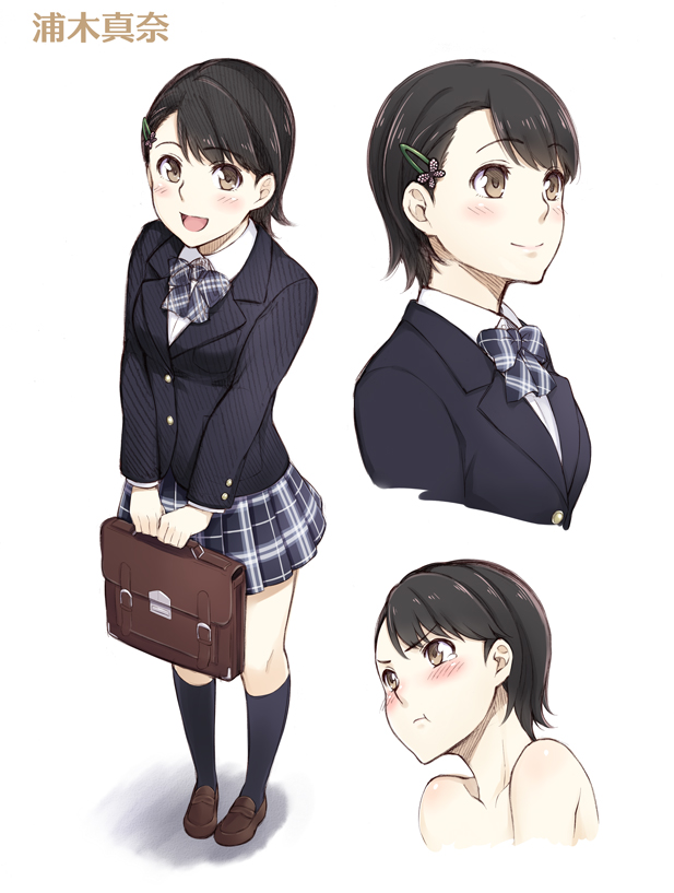 1girl, :t, bare_shoulders, black_hair, blazer, blush, bow, brown_eyes, bust, character_name, character_sheet, full_body, futari_no_kanojo, hair_ornament, hairclip, kneehighs, korisei, loafers, plaid, plaid_bow, plaid_skirt, school_briefcase, school_uniform, shoes, short_hair, simple_background, skirt, standing, uraki_mana, white_background