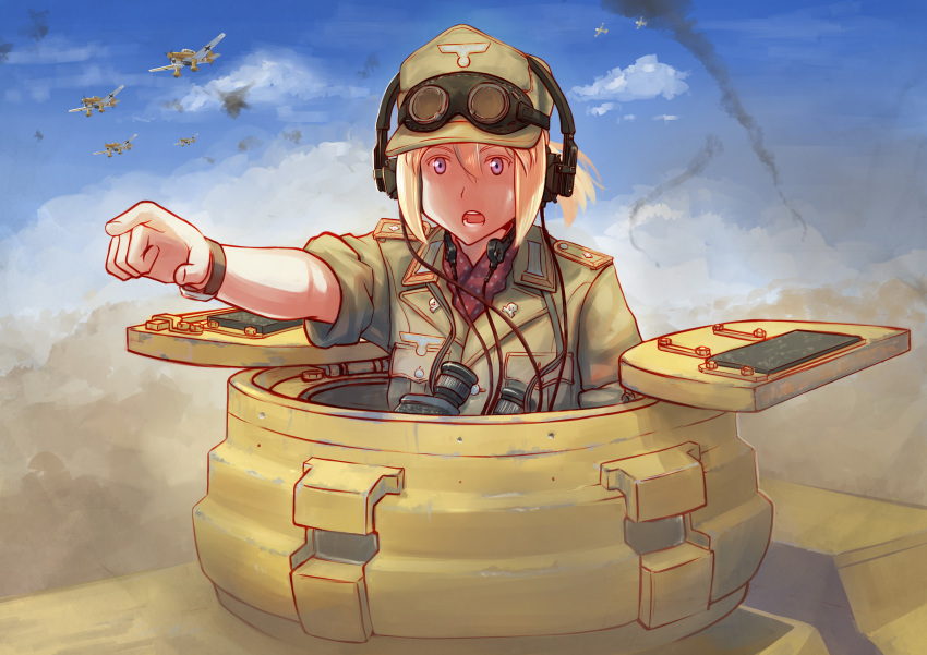 1girl, absurdres, afrika_korps, airplane, binoculars, blonde_hair, bomb, clouds