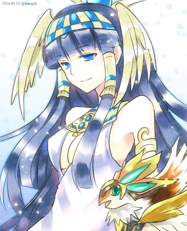 1girl, animal, armlet, bangs, bare_shoulders, bird, black_hair, blue_eyes, blunt_bangs, breasts, bust, chisa, cleavage, dated, dress, egyptian, egyptian_clothes, hair_tubes, hairband, horus_(p&amp;d), isis_(p&amp;d), light_smile, long_hair, puzzle_&amp;_dragons, sleeveless, sleeveless_dress, solo, twitter_username, very_long_hair, white_dress, winged_hair_ornament