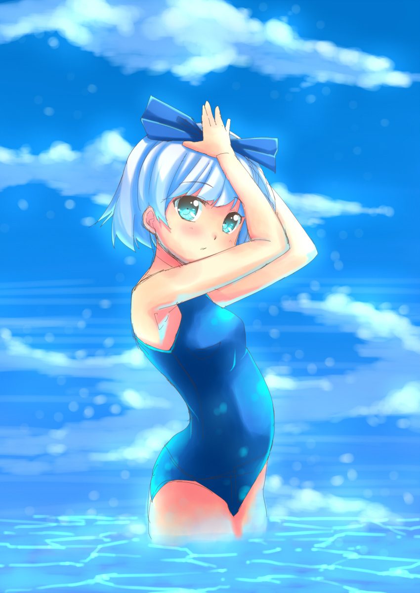 1girl, blue_sky, blue_swimsuit, clouds, hair_ribbon, hairband, highres, ikuya@