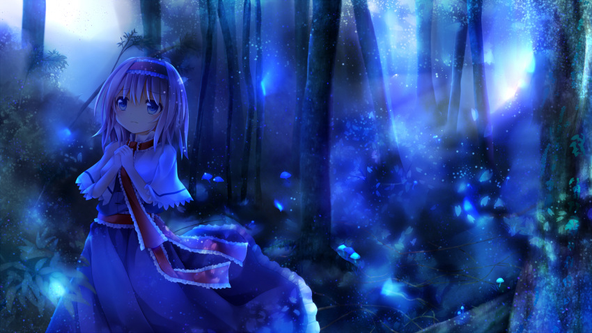 1girl, alice_margatroid, blonde_hair, blue_eyes, bow, capelet, dress, forest
