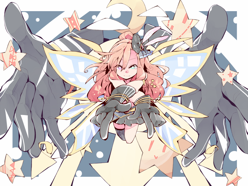 1girl, ahoge, aqua_eyes, armlet, bare_shoulders, black_bow, black_gloves, black_skirt