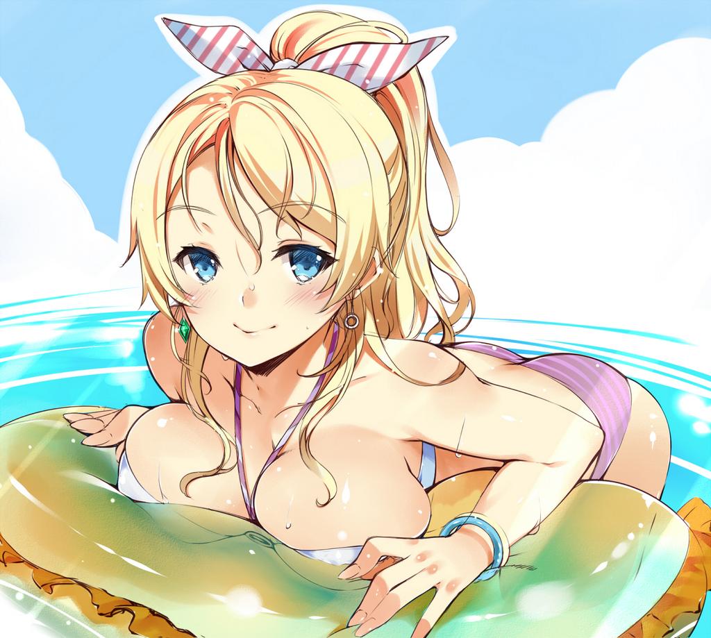1girl, ayase_eli, bare_shoulders, bent_over, bikini, blonde_hair, blue_eyes, bracelet