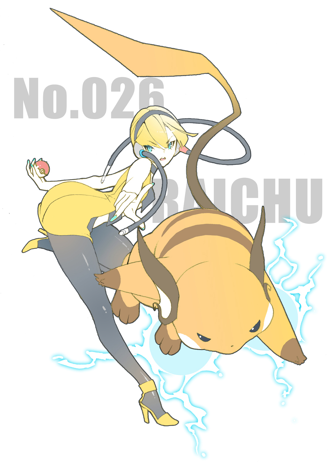 1girl, bare_shoulders, black_legwear, blonde_hair, blue_eyes, headphones, high_heels, highres, kamitsure_(pokemon), nail_polish, poke_ball, pokemon, pokemon_(creature), raichu, sora_tokumo