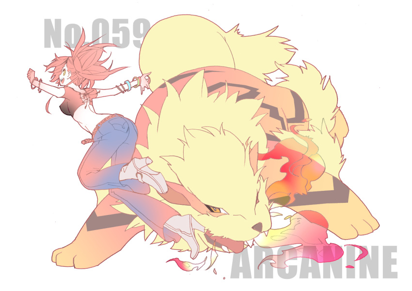 1girl, arcanine, asuna_(pokemon), bracelet, denim, fire, high_heel_boots, high_heels