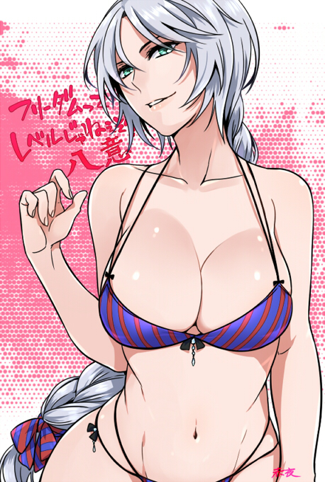 1girl, akaya, aqua_eyes, artist_name, bare_shoulders, bikini, braid, breasts, collarbone, large_breasts, long_hair, mound_of_venus, navel, parted_lips, silver_hair, single_braid, solo, striped, striped_bikini, striped_swimsuit, swimsuit, touhou, vertical-striped_bikini, vertical_stripes, very_long_hair, yagokoro_eirin