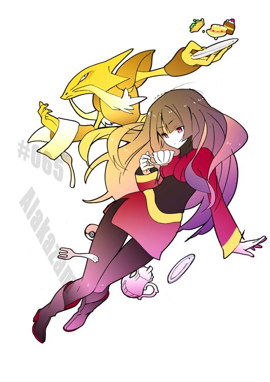 1girl, alakazam, black_hair, boots, cake, cup, food, natsume_(pokemon)