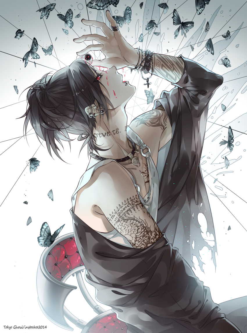 1boy, black_hair, blood, butterfly, eyeball, highres, instockeee, red_eyes