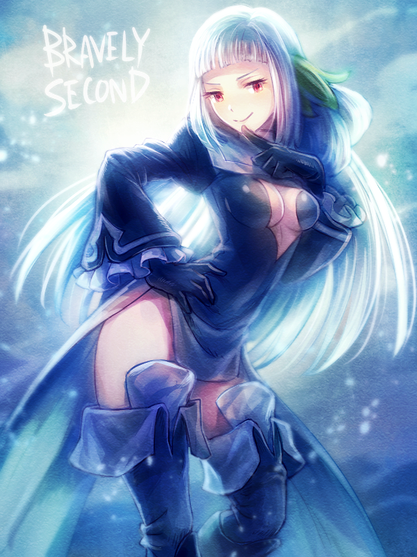1girl, bangs, black_gloves, blunt_bangs, boots, bravely_second, cleavage_cutout, gloves