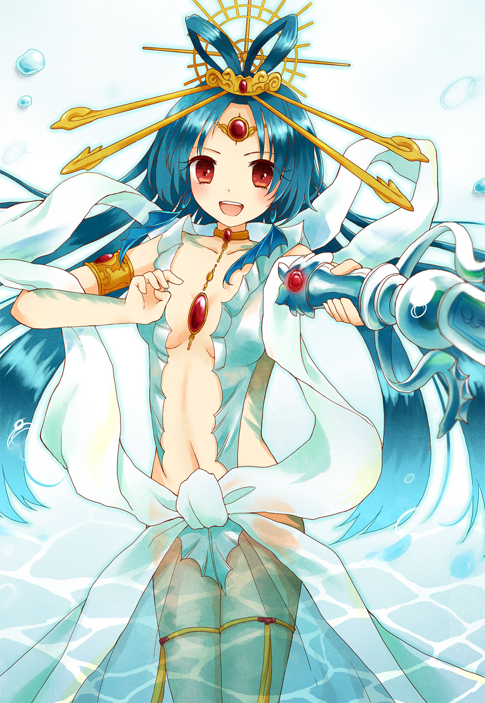 1girl, :d, armlet, blue_hair, breasts, cleavage, djinn_equip, forehead_jewel, hair_ornament, hair_stick, highres, holding, long_hair, looking_at_viewer, magi_the_labyrinth_of_magic, navel, open_mouth, polearm, red_eyes, ren_kougyoku, smile, solo, trident, weapon, yon_(letter)