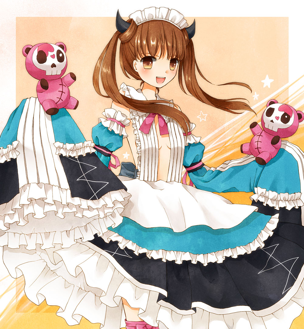 1girl, :d, breasts, brown_eyes, brown_hair, cleavage, frilled_skirt, frills