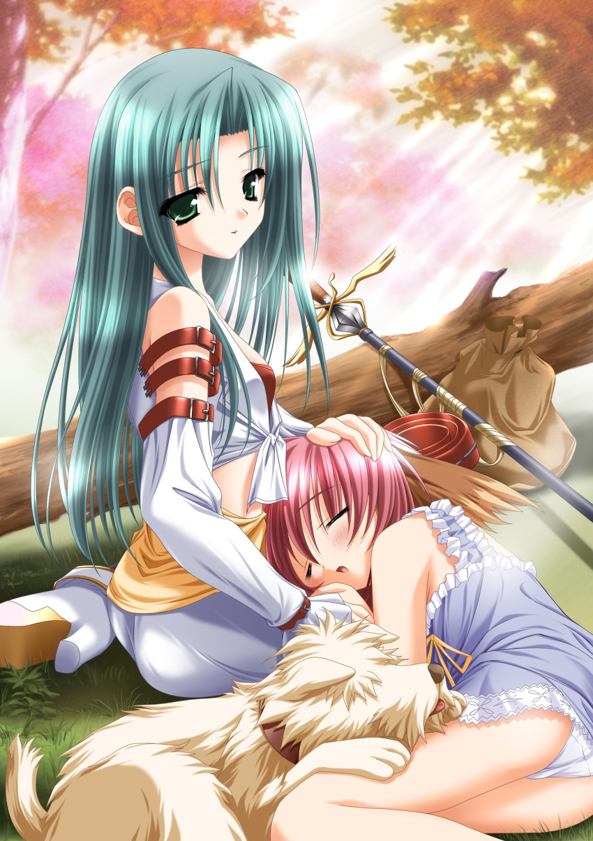absurdres, aqua_hair, belt, blue_dress, blush, bow, closed_eyes, detached_sleeves