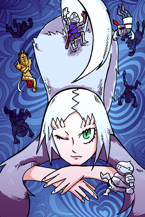 1girl, armor, catherine_(game), catherine_cover_parody, dark_souls, fur, green_eyes, horns