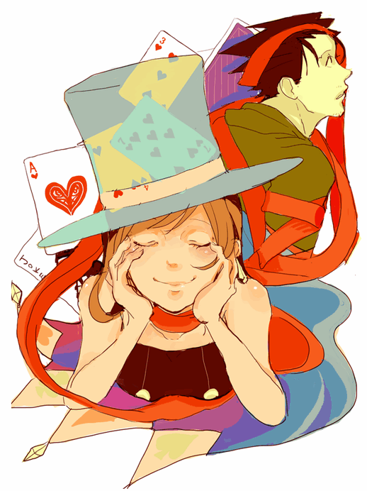 1boy, 1girl, ace, black_hair, brown_hair, card, closed_eyes, earrings