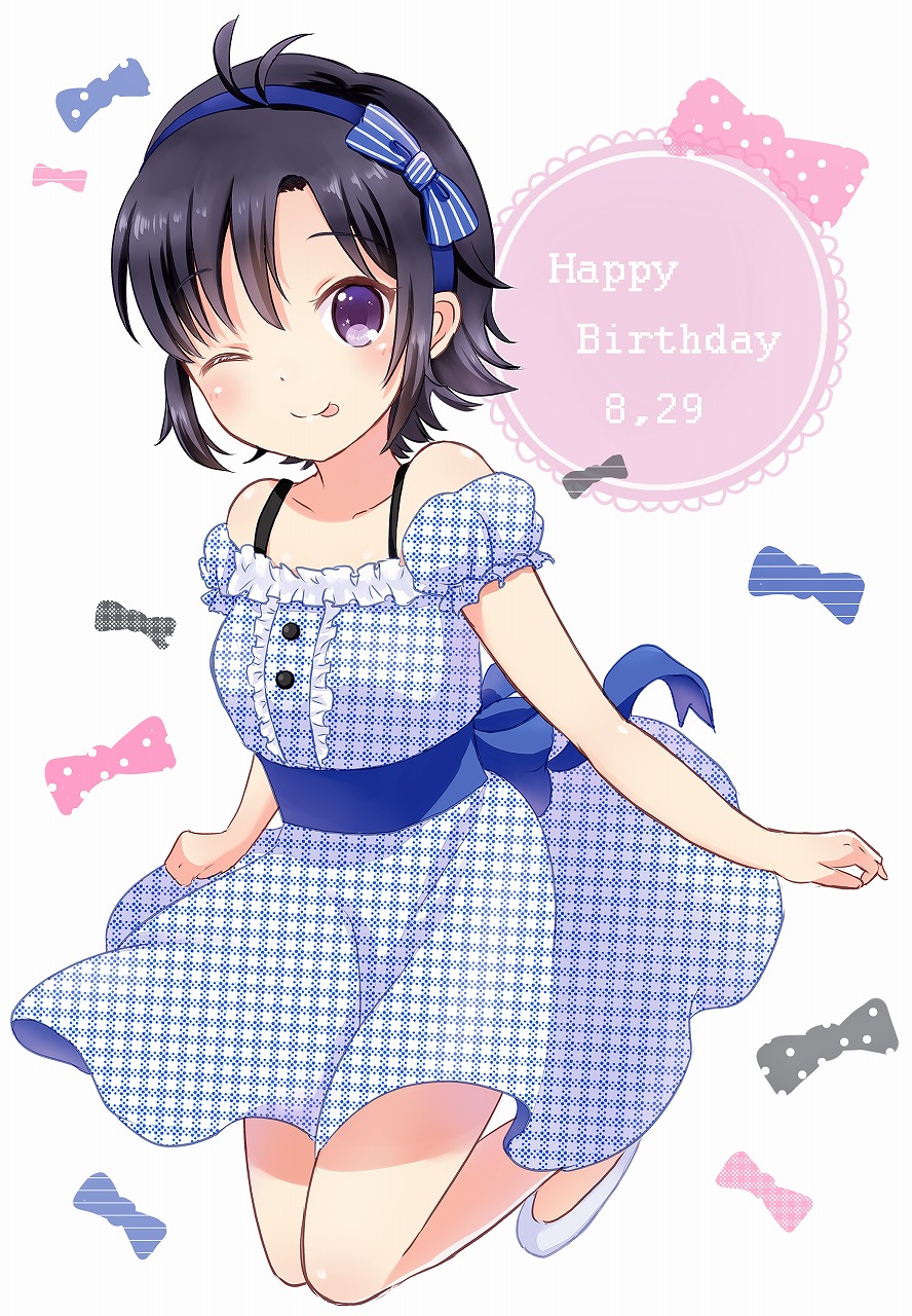 2014, black_hair, dress, hairband, happy_birthday, highres, idolmaster, kikuchi_makoto