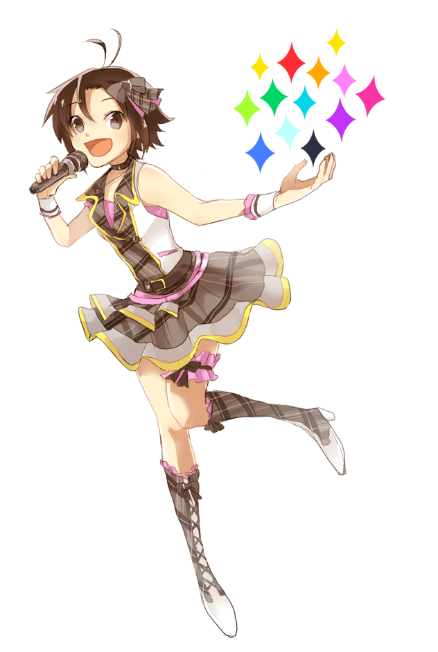 black_eyes, black_hair, costume, idolmaster, kikuchi_makoto, microphone, short_hair, smile