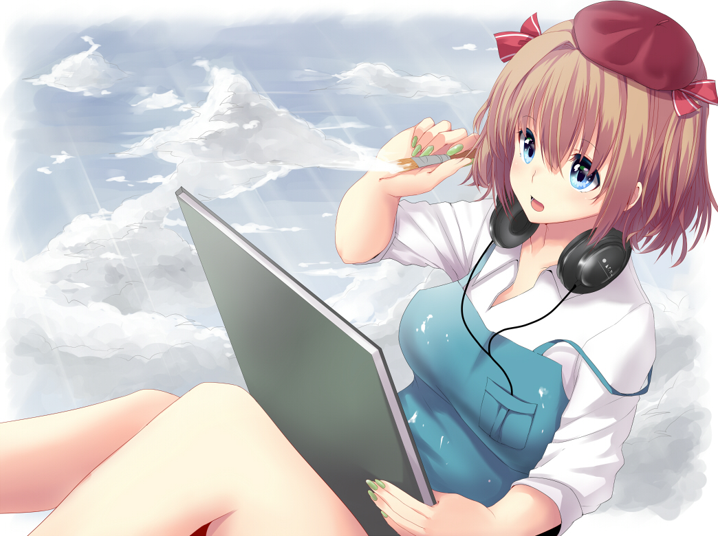 1girl, apron, brown_hair, clouds, hair_ribbon, hat, headphones, hrk173