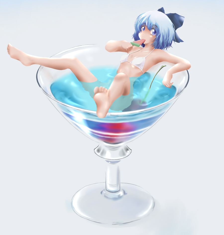 ao_usagi, barefoot, bikini, blue_eyes, bow, cherry, cirno, cup