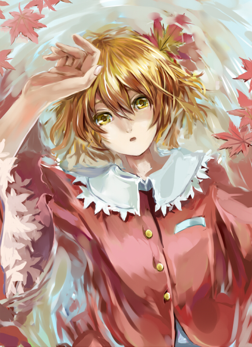 1girl, :o, aki_shizuha, arm_on_head, blonde_hair, dress, faux_traditional_media, hair_ornament
