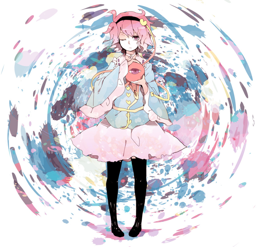 1girl, black_legwear, hairband, hazuki_shino, komeiji_satori, one_eye_closed, pink_eyes, pink_hair