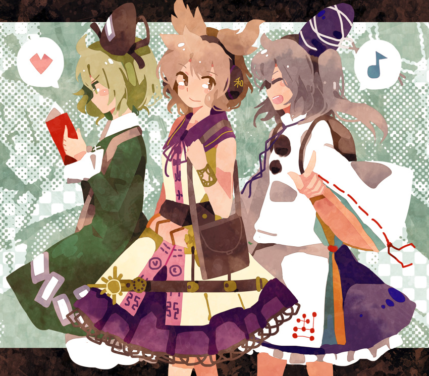 3girls, bare_shoulders, book, brown_eyes, brown_hair, ghost_tail, green_eyes, green_hair