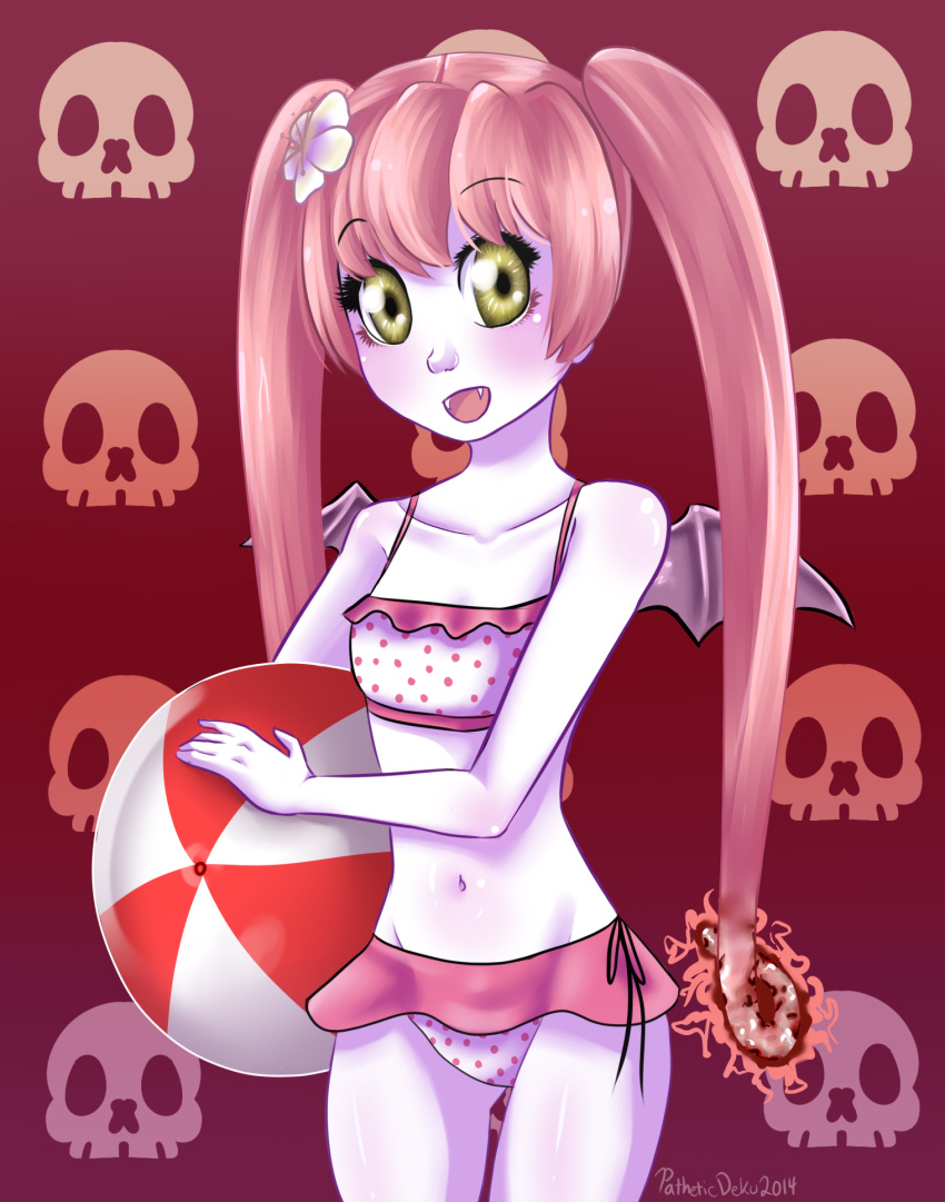1girl, ball, bangs, beachball, big_eyes, bikini, bikini_skirt, blush, collarbone, cowboy_shot, cute, demon_wings, doiduh_(pathetic_deku), ebola-chan, eyebrows, eyelashes, fang, flower, highres, looking_at_viewer, mound_of_venus, navel, original, payot, pink_hair, polka_dot, polka_dot_bikini, shiny, shiny_skin, skull, solo, swimsuit, twintails, vampire_wings, wings, yellow_eyes