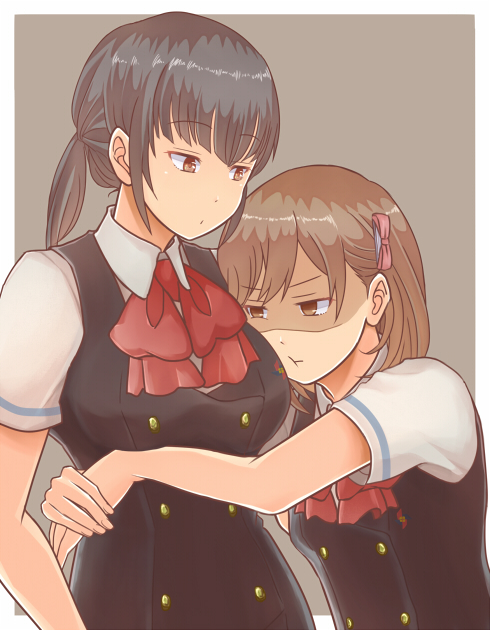 2girls, :t, another, ay, black_hair, bow, breast_envy, breasts, brown_eyes, brown_hair, hair_bow, hug, multiple_girls, ogura_yumi, raised_eyebrow, ribbon, satou_kazue, school_uniform, short_hair, twintails