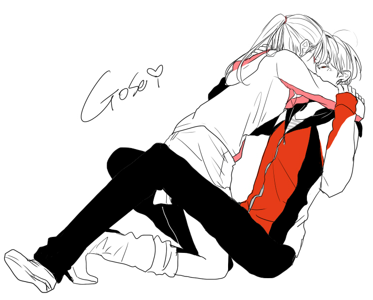1boy, 1girl, alata, couple, eri_(goseiger), female, hetero, hoodie, hug, kiss, long_hair, male, minami_(shake2shake2), monochrome, ponytail, short_hair, spot_color, super_sentai, tensou_sentai_goseiger