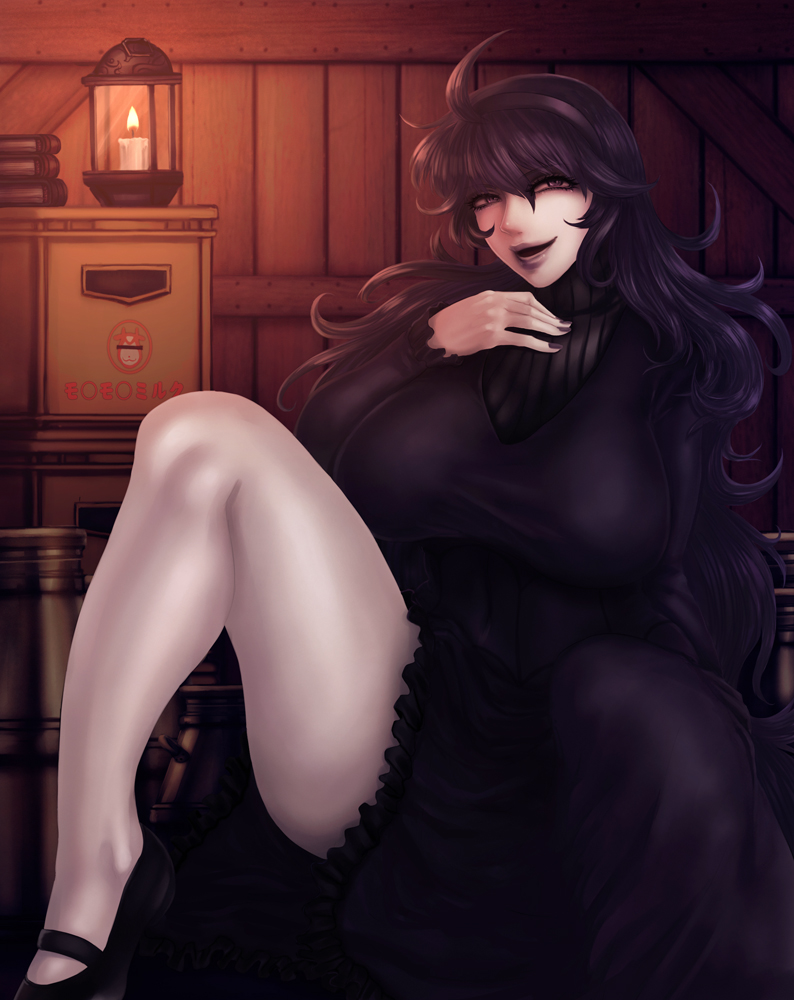 1girl, ass, bare_legs, breasts, candle, dress, fingernails, hairband
