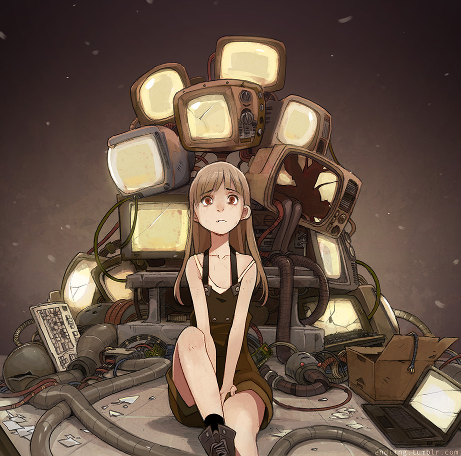 1girl, brown_hair, cable, long_hair, monitor, original, red_eyes, shaun_healey