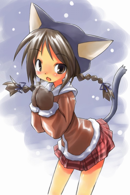 blush, bow, braid, brown_eyes, brown_hair, catgirl, gloves, loli