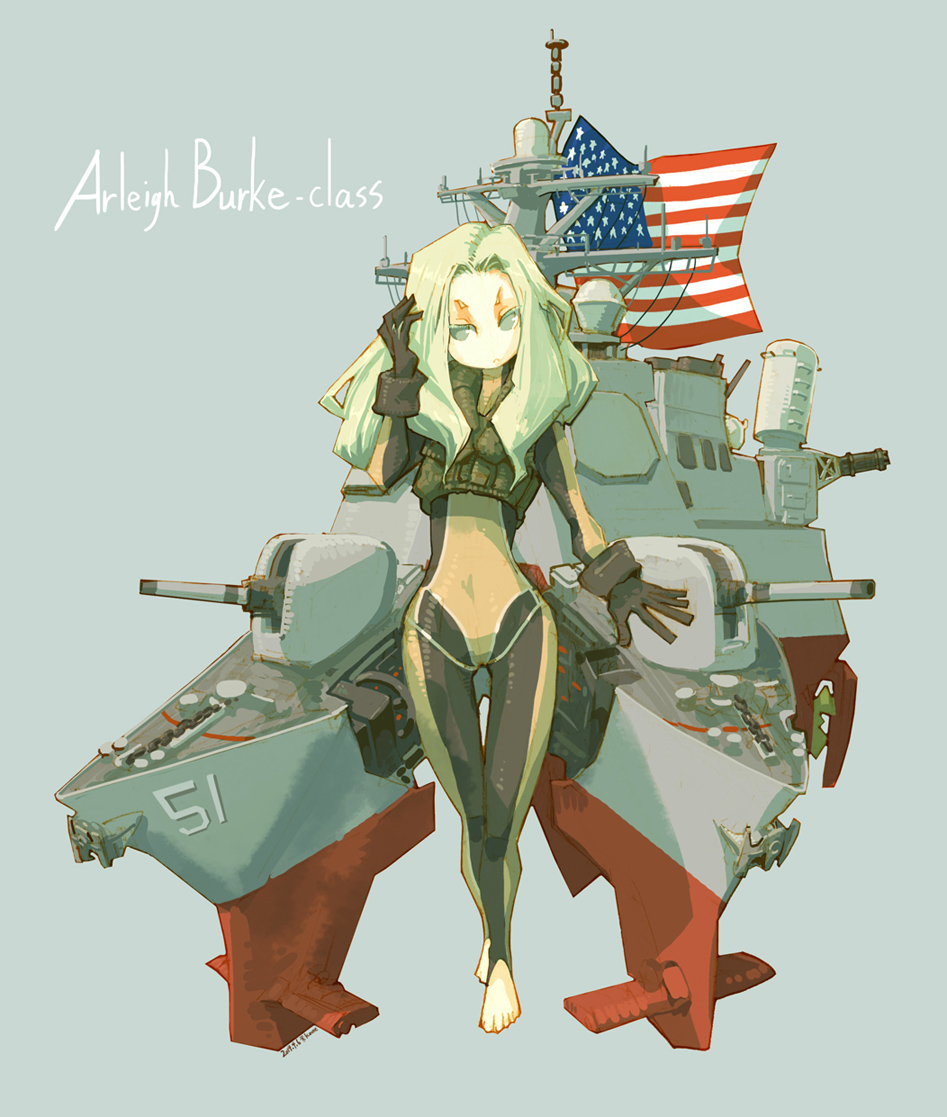 1girl, adjusting_hair, american_flag, arleigh_burke_class, barefoot, black_gloves, blonde_hair, bodysuit, character_name, english, gloves, grey_background, kantai_collection, kome, life_vest, long_hair, original, solo, turret