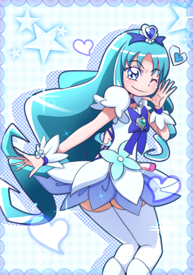 1girl, blue_eyes, blue_hair, blue_skirt, bow, brooch, choker, cure_marine