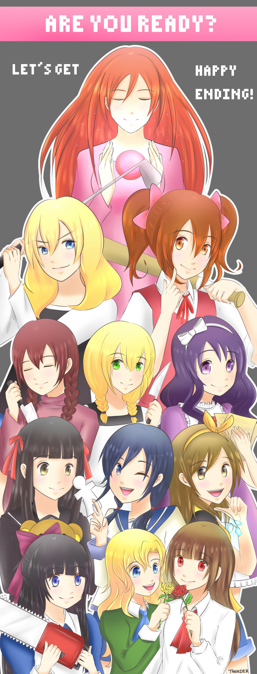 6+girls, absurdres, aki_(misao), aya_drevis, black_hair, blonde_hair, blue_eyes, blue_hair, braid, brown_eyes, brown_hair, chloe_ardenne, chloe_no_requiem, corpse_party, crossover, dress, english, flower, green_eyes, hairband, highres, himeno_mikoto, ib, ib_(ib), kaii_shoukougun, kanzaki_shiori, kirisame_ga_furu_mori, long_hair, looking_at_another, looking_at_viewer, mad_father, madotsuki, majo_no_ie, mary_(ib), mermaid_swamp, misao, multiple_girls, one_eye_closed, orange_eyes, purple_hair, red_eyes, redhead, ribbon, shinozaki_ayumi, short_hair, smile, sophie_grundler, the_sandman_(video_game), twintails, viola_(majo_no_ie), violet_eyes, weapon, yamazaki_rin, yellow_eyes, yume_nikki