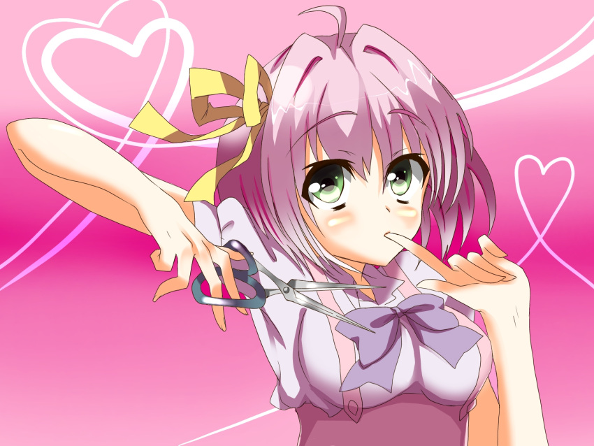 1girl, dress, finger_to_mouth, green_eyes, hair_ribbon, heart, heart_of_string, highres, pink_hair, ribbon, scissors, short_hair, solo, takanashi_yumemi, weapon, yandere_no_onna_no_ko_ni_shinu_hodo_aisarete_nemurenai_cd