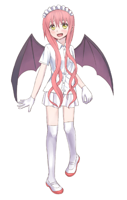 1girl, artist_request, bangs, blush, collared_shirt, demon_wings, ebola-chan, fang