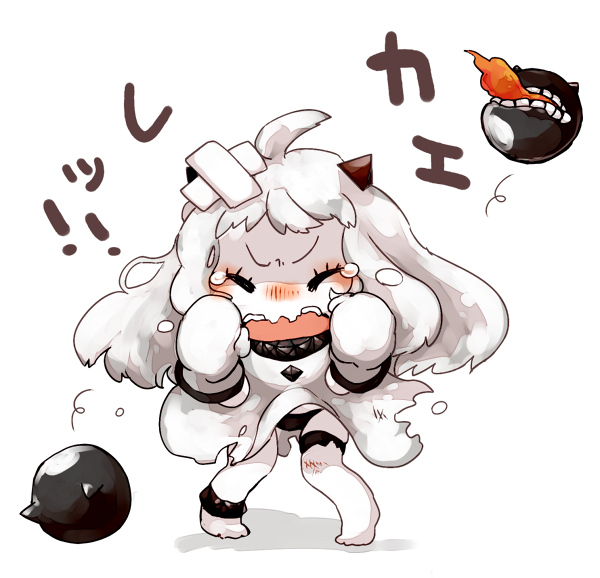 1girl, ahoge, bluetenbin, clenched_hands, crying, dress, horns, kantai_collection, long_hair, looking_at_viewer, mittens, northern_ocean_hime, pale_skin, shinkaisei-kan, simple_background, tagme, translation_request, white_background, white_dress, white_hair