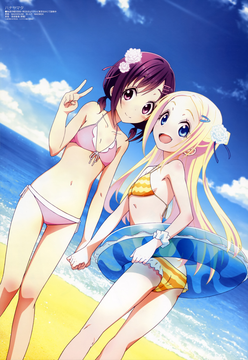2girls, absurdres, beach, bikini, blonde_hair, blue_eyes, clouds, flat_chest