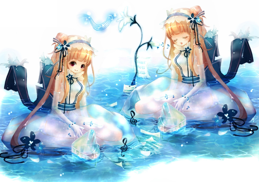 2girls, akikawa_eiri, bird, blonde_hair, blush, bracelet, brown_eyes, closed_eyes, dress, elbow_gloves, gloves, hairband, jewelry, kneeling, multiple_girls, original, ribbon, siblings, sisters, smile, twins, water