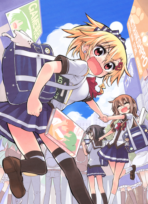 blonde_hair, book, brown_hair, dropping, earrings, hikawa_shou, jewelry, looking_at_viewer