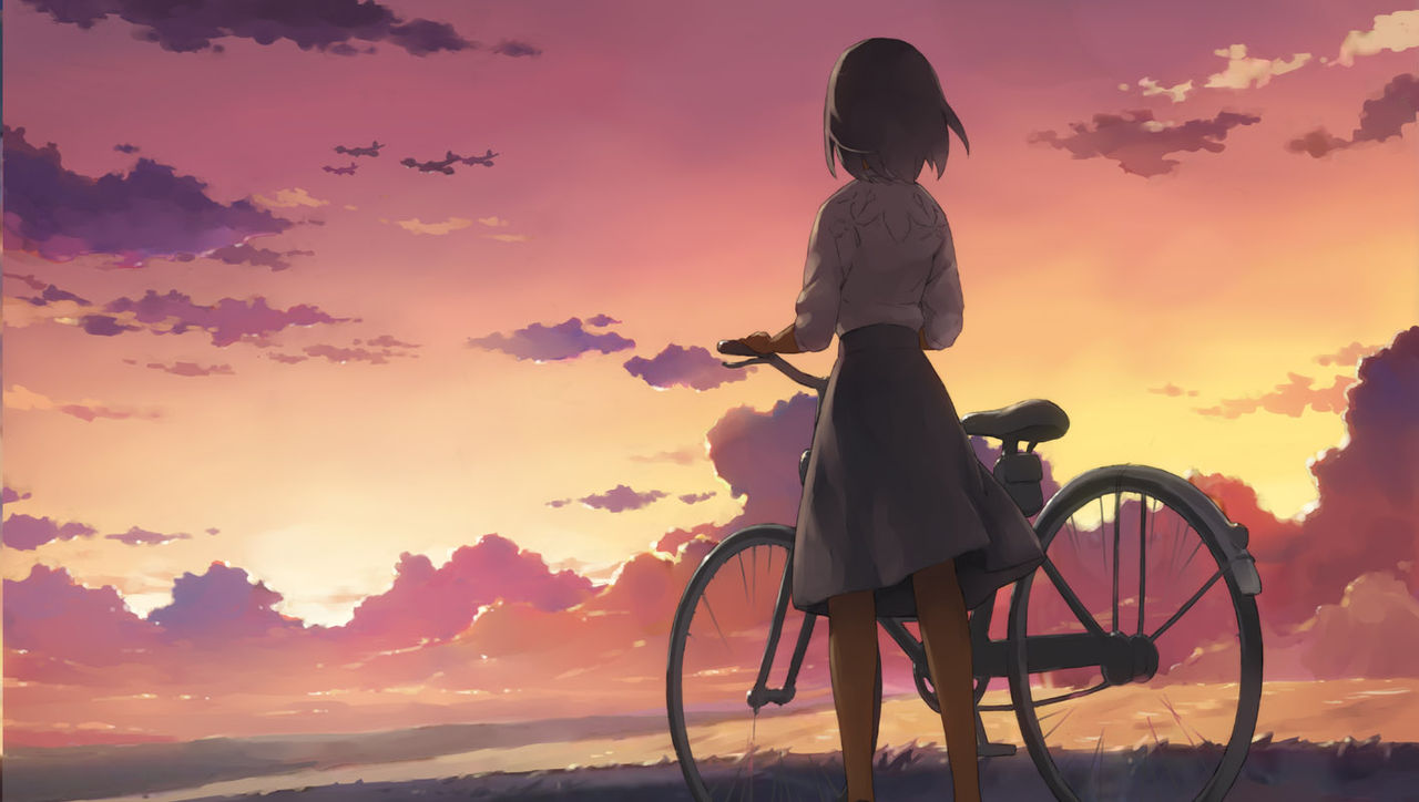 1girl, bicycle, brown_hair, claire_cruz, clouds, from_behind, hikuushi_series, morisawa_haruyuki, short_hair, skirt, sky, solo, to_aru_hikuushi_e_no_koiuta, twilight