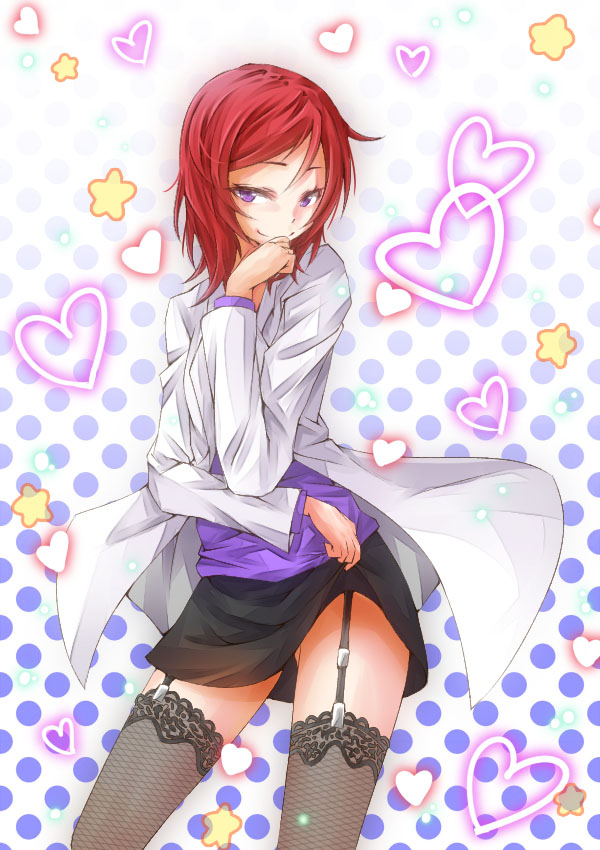 1girl, black_skirt, fishnet_legwear, fishnets, garter_straps, looking_at_viewer, love_live!_school_idol_project, miniskirt